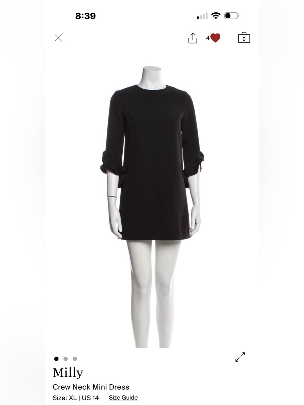 Milly Black Crewneck Mini Dress with Bow-Cuff Sleeves